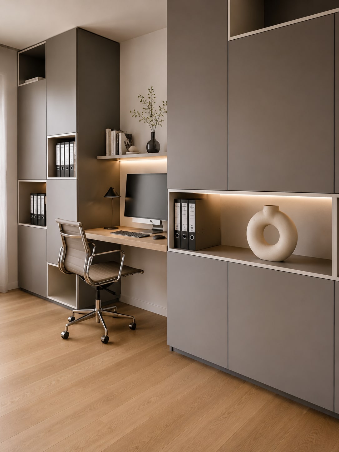 Home Office mit maßgefertigten grauen Einbauten und Holzschreibtisch